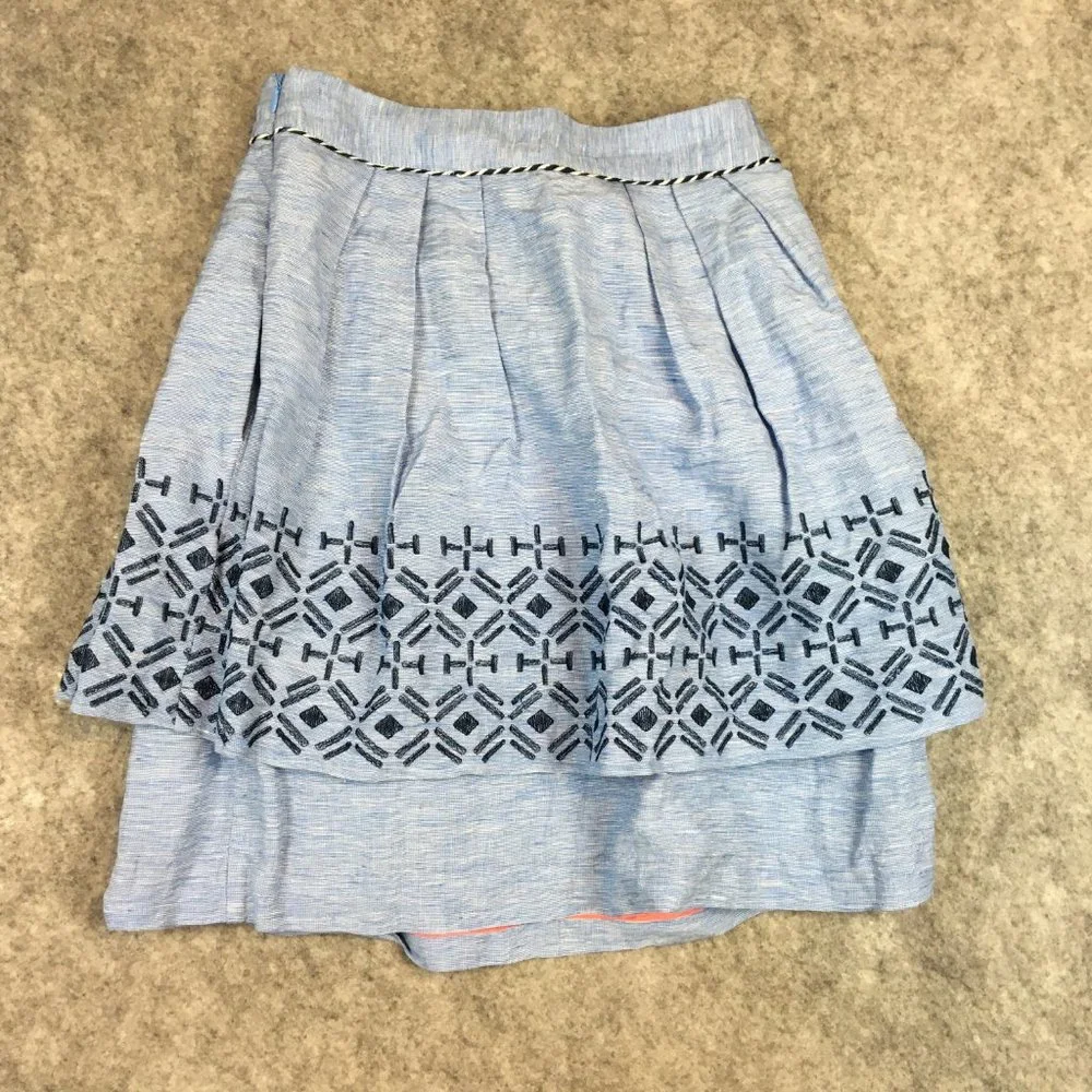 Anthropologie Odille Skirt 4 Blue Linen Blend Layered Embroidered A Line Knee
